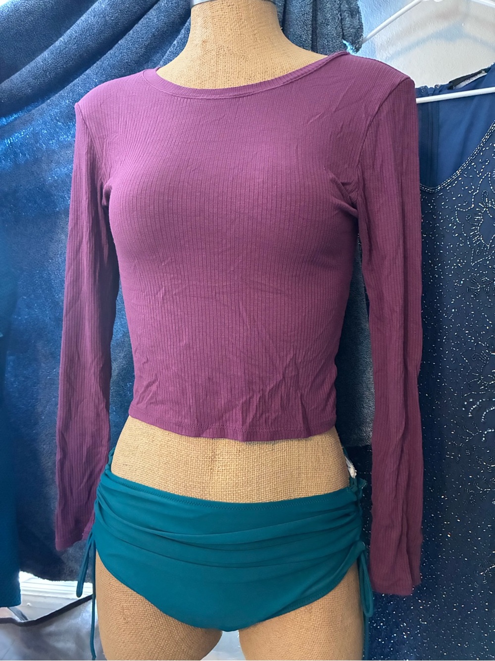 Active USA Long-Sleeve Ribbed Crew Top in Plum